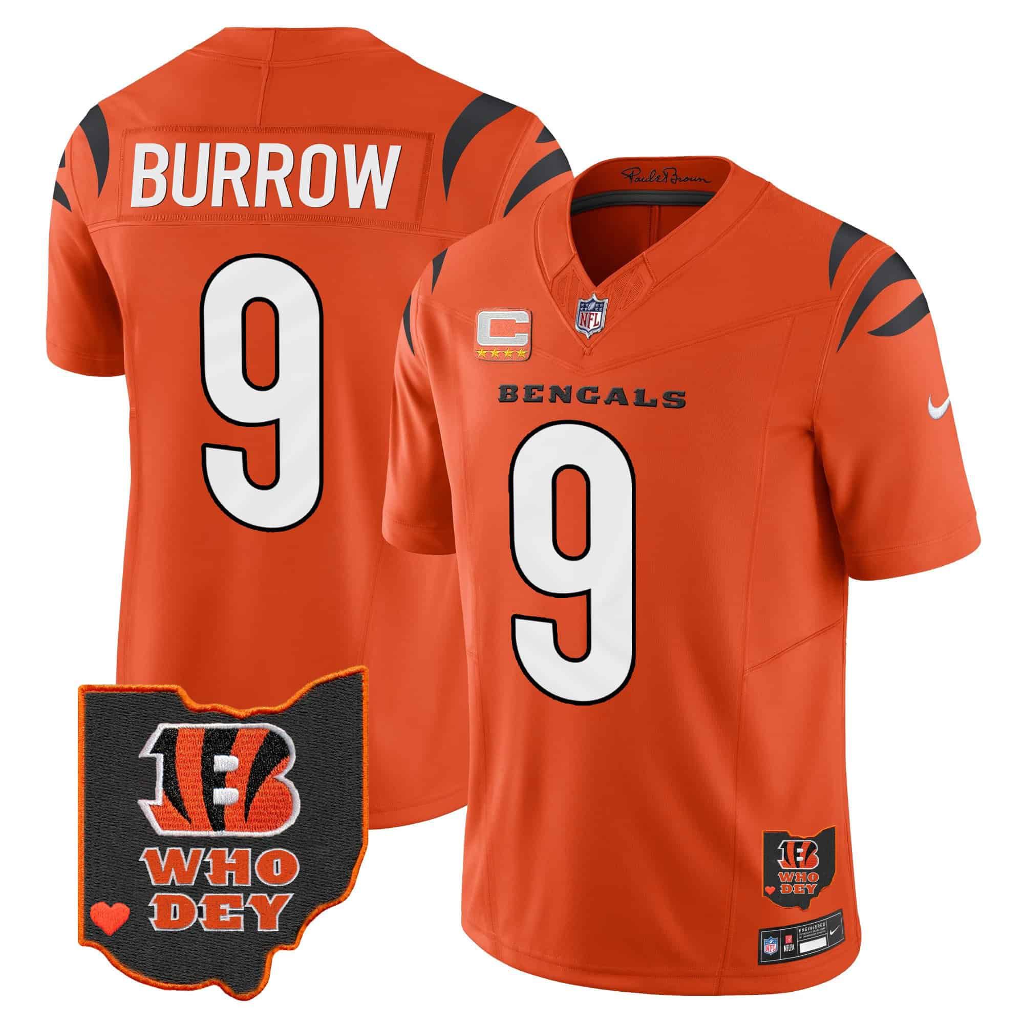 Men Cincinnati Bengals #9 Burrow Orange 2024 Nike Patch Vapor Limited NFL Jersey